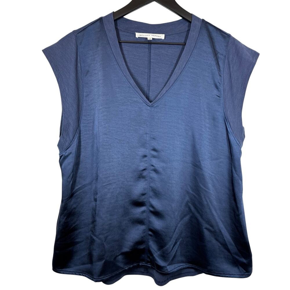 Melissan Nepton Cameron Top Satin Front Short Sleeve V Neck Blue Womens Sz Large